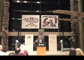 National Chief Perry Bellegarde speaking at the opening of the event at the Museum of Anthropology
