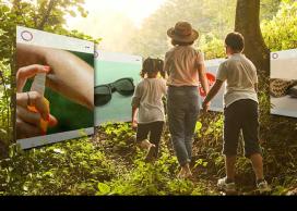 Family walking in augmented reality forest